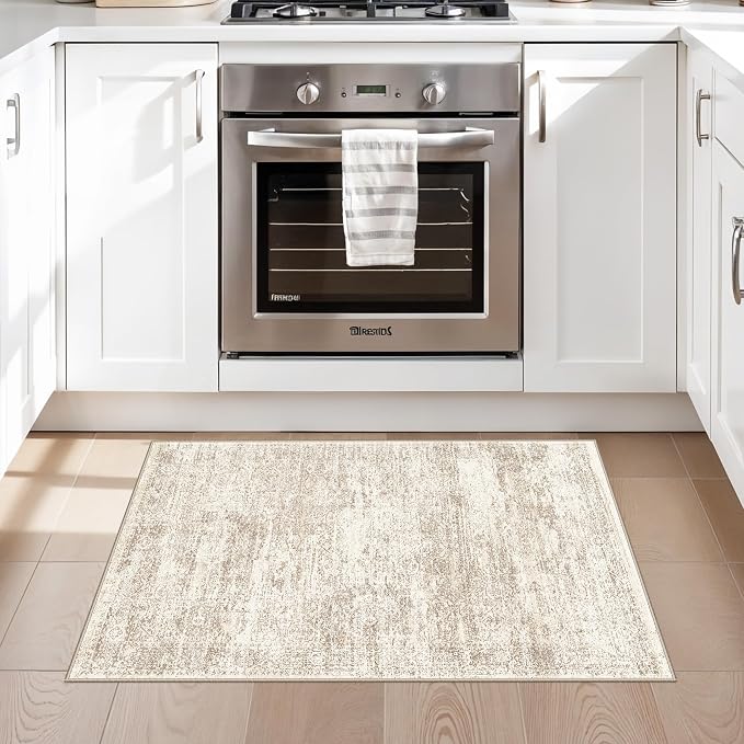 2x3 Feet Washable Entryway Rug, Non-Slip Small Kitchen Throw Mat for Sink, Soft Low-Pile Stain & Fade-Resistant Indoor Mat for Pet Area & Bathroom (Cream/Beige)