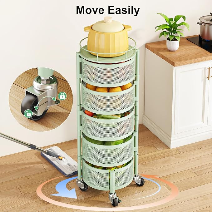 SAYZH Fruit Vegetable Basket for Kitchen, Rotating Storage Rack, 5 Tier Rolling Cart with top lid, Large Metal Wire Basket for for Potato Onion Snack, Green