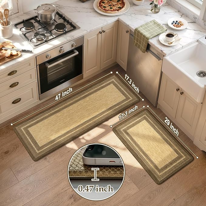 KIMODE Anti Fatigue Kitchen Mats for Floor, Farmhouse Kitchen Rugs Sets of 2, Cushioned Kitchen Floor Mats, Brown/Khaki Laundry Room Mat, Comfort Standing Mat for Sink Office Desk 17"x47"+17"x29"