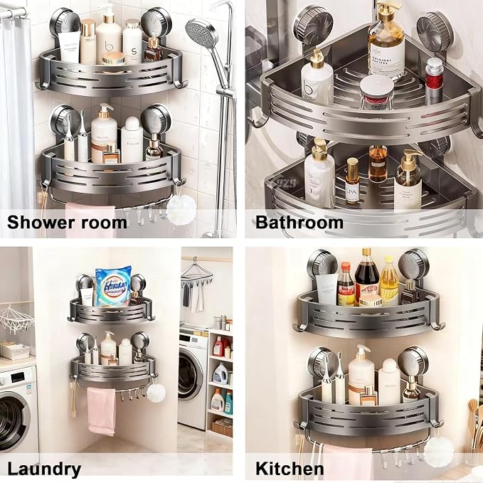 2Pcs Corner Shower Shelves,Caddy Suction Cup,Shampoo Holder,Bathroom Organizer Shower Storage with Towel Bar Hooks,No Drilling,Save Space,Rust-Resistant