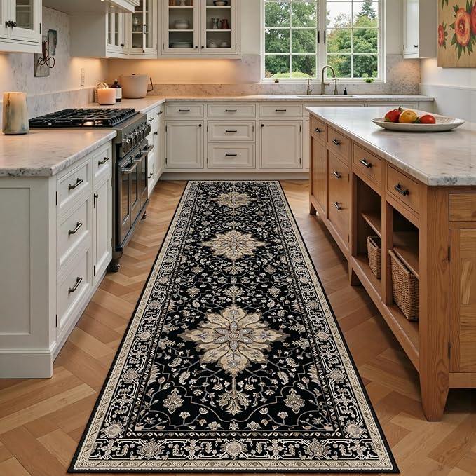 RELEANY Area Rugs Runner 3'x9' Washable Non-Slip, Floral Vintage Distress Medallion Carpet for Kitchen Hallway Bedroom Beside Laundry Room Bathroom, Black Brown Neutral Dark Tan
