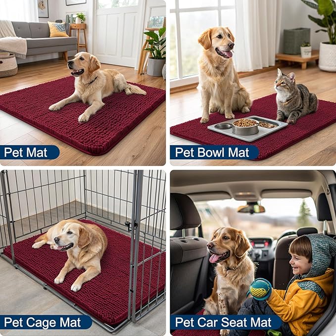 Smiry Dog Door Mat for Muddy Paws 40x32, Absorbent Dirt Trapper, Non-Slip Washable Chenille Entryway Rug for Inside Floor, Burgundy, Classic Solid