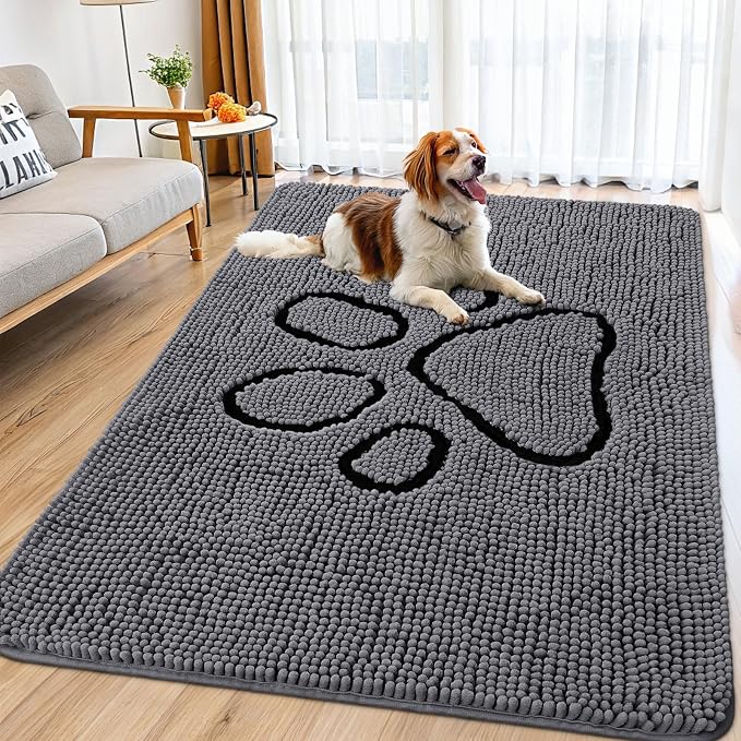 Smiry Dog Door Mat for Muddy Paws, Absorbent Dirt Trapper Non Slip Quick Dry Washable Chenille Mat for Mud Dogs, Entry Rug for Indoor and Outdoor (71x46 Inches, Dark Grey and Black)