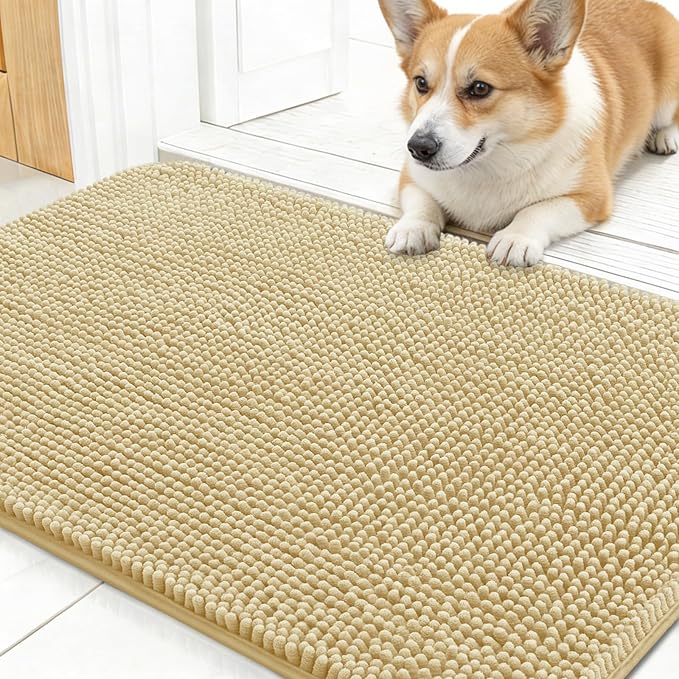 OLANLY Dog Door Mat for Muddy Paws 30x17, Absorbs Moisture and Dirt, Absorbent Non-Slip Washable Doormat, Quick Dry Chenille Mud Mat for Dogs, Entry Indoor Entryway Carpet for Inside Floor, Sand