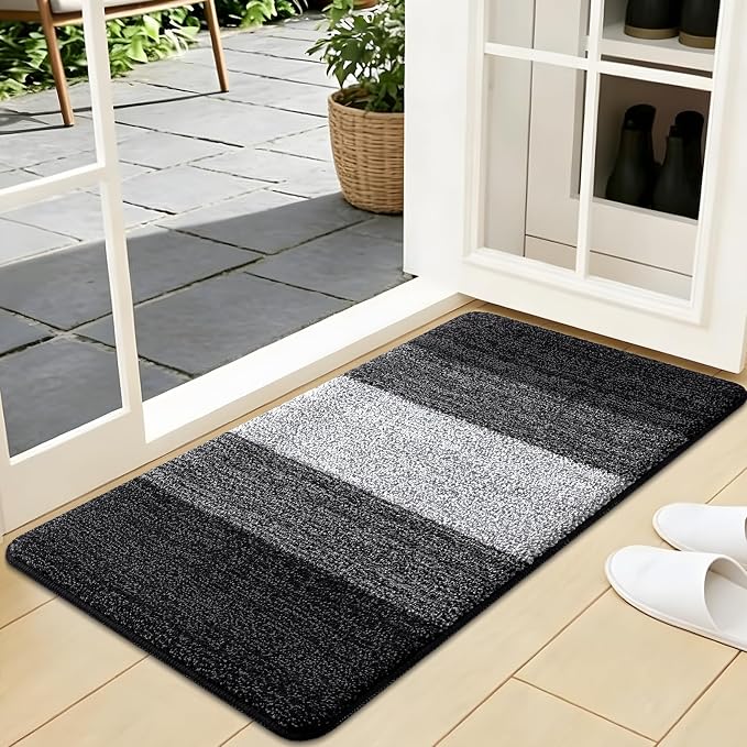 Kitinjoy Indoor Outdoor Door Mat, 40x24 Non-Slip Absorbent Dirt Trapper, Low-Profile Washable Inside Entrance Front Floor Mat, Sturdy Soft Entry Doormats for Entryway, Black