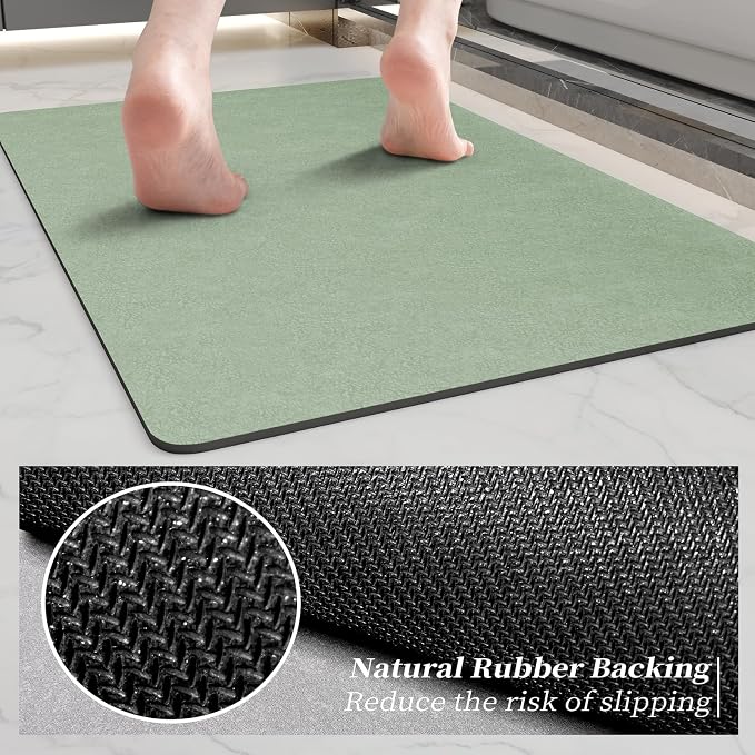 Bath Mat Rugs 24x17 - Diatomaceous Earth Bath Mat Quick Dry Absorbing Bathroom Rugs Rubber Non Slip Thin Bathroom Mat Fit Under Door, Bath Mats for Bathroom Floor, Tub and Shower, Sink, Sage Green