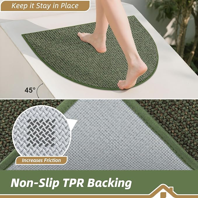 BEQHAUSE Dirt Trapper Door Mat 26" x 40" Half Circle Non-Slip Washable Doormats Entrance Rugs Absorbent Welcome Low Profile Floor Mats for Front Back Door and Entryway, Green