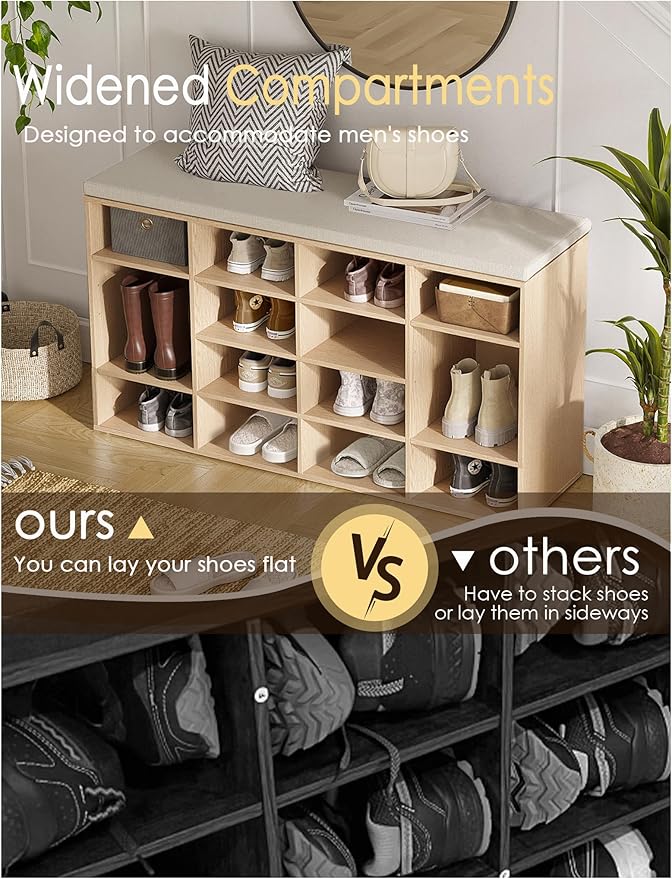 DINZI LVJ Shoe Storage Bench with Cushion, 16-Cubby Shoe Rack, Adjustable Shelves, 40.9" Long Shoe Organizer Bench for Entryway, Mudroom, Hallway, Garage, Natural and Cappuccino Beige