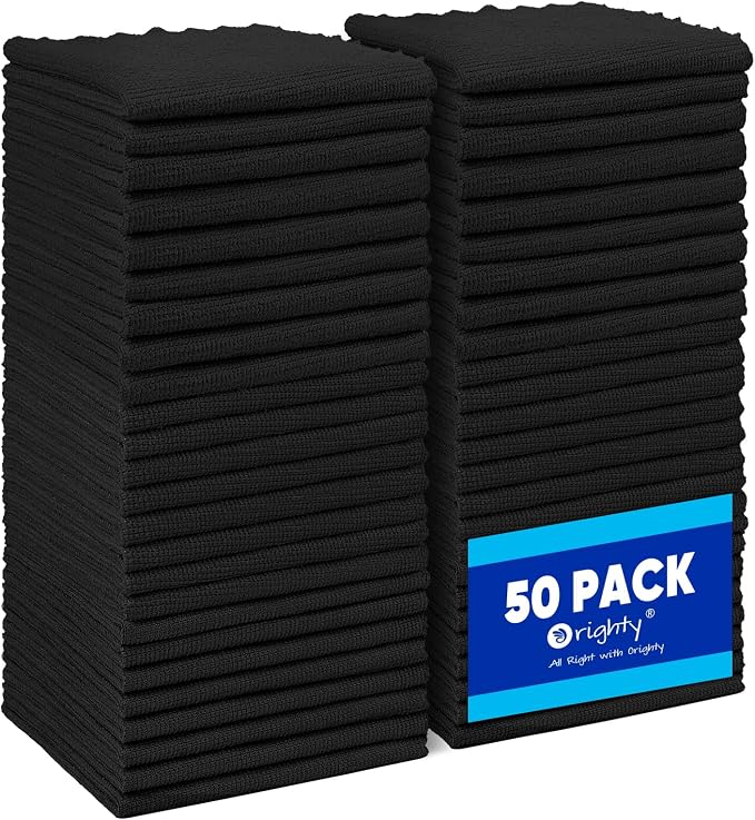 Orighty Microfiber Cleaning Cloth Bulk, 50 Pack Shop Towels, Reusable Cleaning Rags, Lint Free Microfiber Towels for Cars, Home & Kitchen, 12x12 Inch, Black