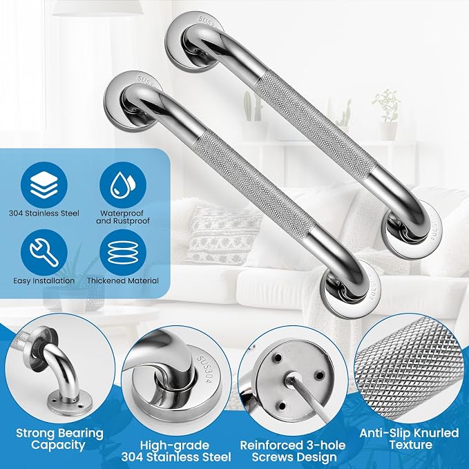 Grab Bars for Shower, Zynuhmo 2 Pack 12 Inch Anti Slip Stainless Steel Bathroom Safety Shower Grab Bar Handrails for Handicap Injury Pregnant Senior Assist Shower Handles(Polished Nickel, 1" Diameter)