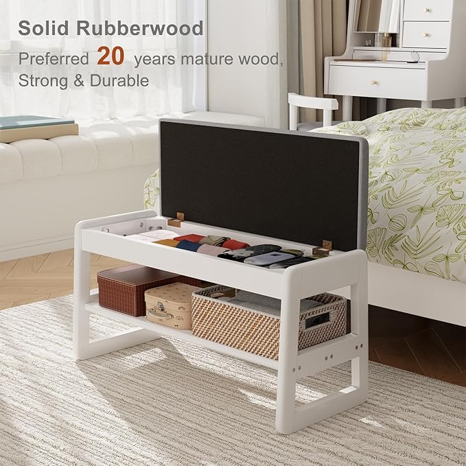 AQIMUELE Shoe Rack Bench,2 Tiers Shoe Bench with Storage with Flip-Top,Wood Shoe Rack for Entryway,Hallway（White Upholstered Seat,11.8" D x 31.5" W x 15.7" H）