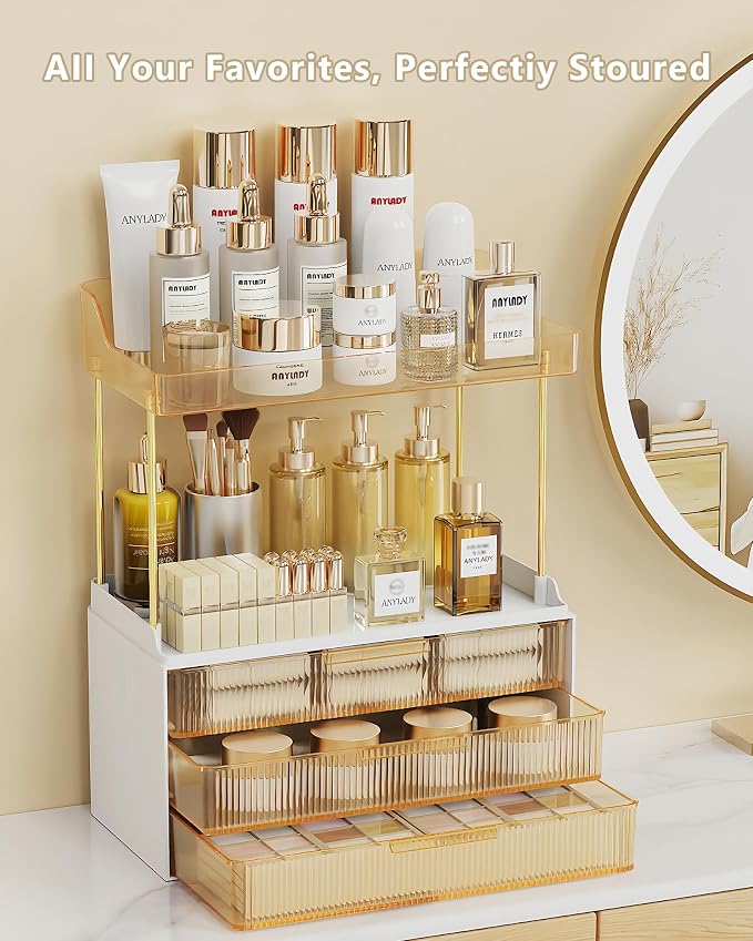 Anylady Bathroom Organizers and Storage, Makeup Organizer (Sturdy Durable Attractive), Ideal for Vanity, Countertop, Counter, Perfume, Skincare, Cabinet, Cosmetic, Dresser Organizer (Gold)