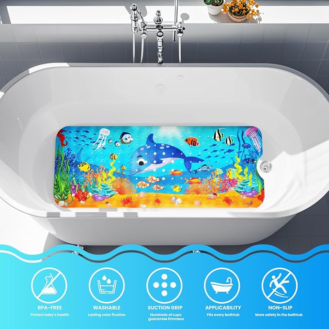 Baby Bath Tub Mat, 40 x 16 Inch Extra Large Non Slip Kids Cartoon Bathtub Shower Mats with Suction Cups & Drain Holes, Machine Washable for Bathroom, Undersea Dolphin