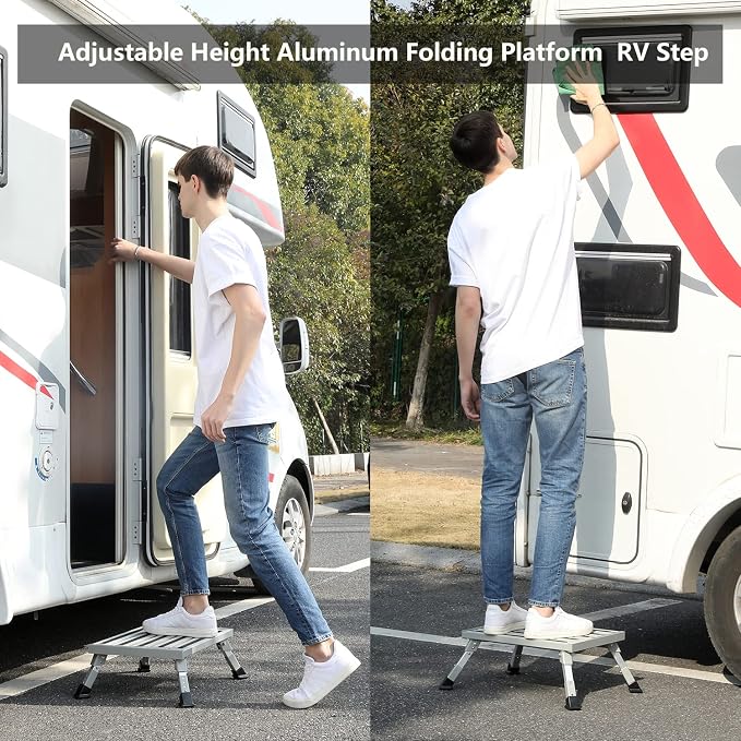 Homeon Wheels Large RV Step Stool, Adjustable Height Aluminum Folding Step Ladder with Non-Slip Rubber Feet, 1500 lbs Capacity, Safety Platform for RV, Trailer, Truck, Outdoor Use, 19" x 14.3"