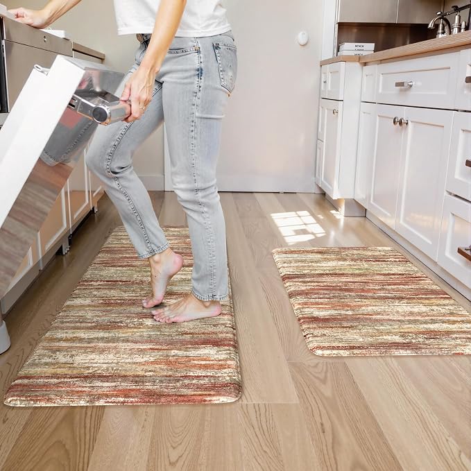 KIMODE Anti Fatigue Kitchen Mats for Floor 2 Piece, Red Brown Farmhouse Kitchen Rugs Non Slip, Ergonomic Cushioned Standing Mat for Office Sink Laundry Desk 17"x47"+17"x29"
