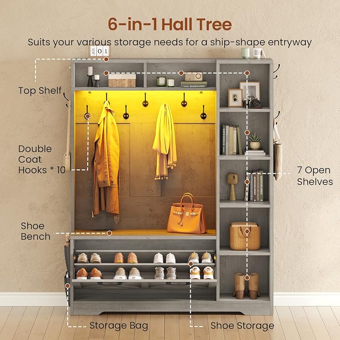 Itaar Hall Tree with Bench and Shoe Storage, Farmhouse Entryway Bench with Coat Rack, Shoe Cabinet with Flip Drawers, 7 Shelves, 10 Coat Hooks, Storage Bag, Led Lights, Grey