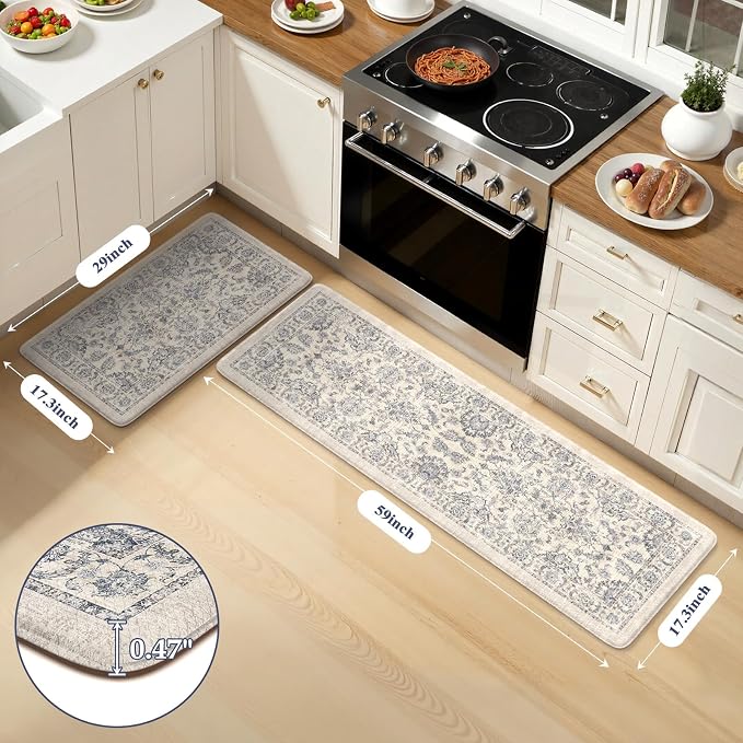 KIMODE Anti Fatigue Kitchen Mats, Floral Distressed Kitchen Rugs Sets of 2, Cushioned Non Skid Kitchen Mats for Floor, Comfort Kitchen Floor Mats for Sink, Laundry, Desk Blue Multi 17"x59"+17"x29"
