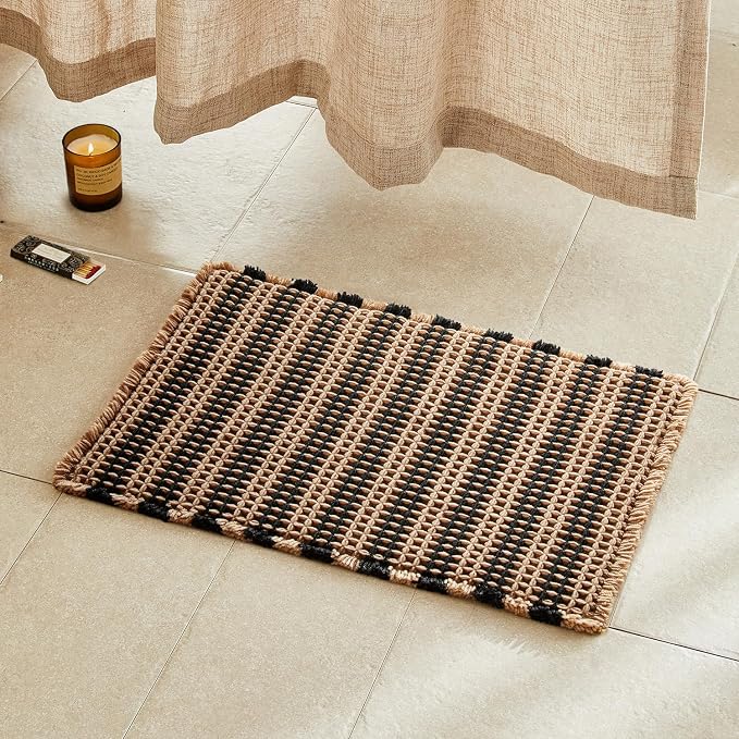 TYUU Waffle Bath Mat, Boho Bathroom Rugs Non Slip Washable Super Absorbent Quick Dry Bath Mat Farmhouse Bathroom Decor, 24"x16" Black and Khaki