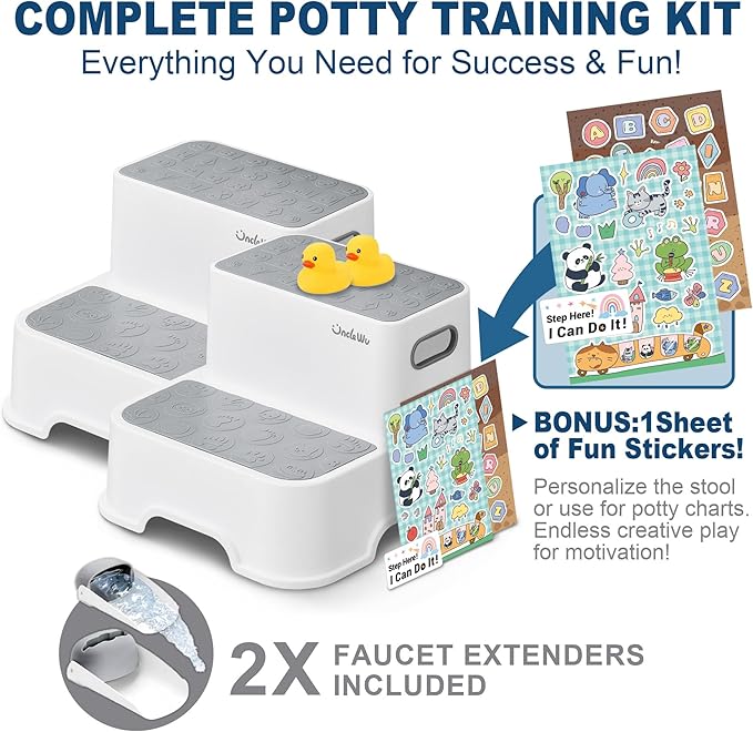 2-Pack Step Stool for Kids – Non-Slip Toddler Step Stool for Bathroom Sink & Potty Training – Heavy Duty 200 lbs, Includes Faucet Extender & Duck Bath Toys (Gray White)