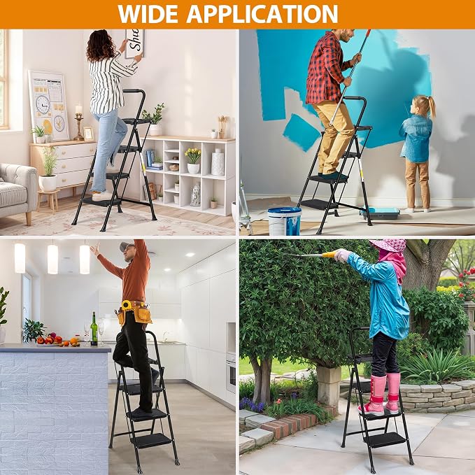 3-Step Ladder with Tool Tray, Folding Step Stool with Wide Anti-Slip Pedal, Heavy Duty Steel 330 lbs Load Capacity for Home, Attic, Office, Garage, Shop, Black