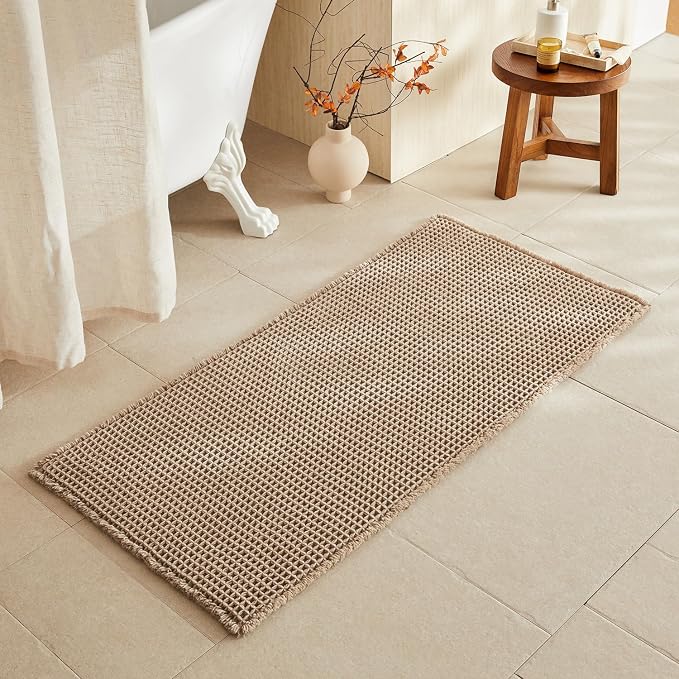 TYUU Waffle Bath Mat, Boho Bathroom Rugs Non Slip Washable Super Absorbent Quick Dry Bath Mat Farmhouse Bathroom Decor, 48"x24" Beige