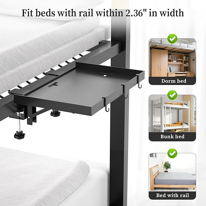 Foldable Bedside Shelf, Metal Clip-On Bed Tray Table for Bunk Bed & Dorm Beds, Dorm Room Essentials Organizer for College Students, Floating Tray, Space Saving Nightstand for Loft Beds (Black, Large)
