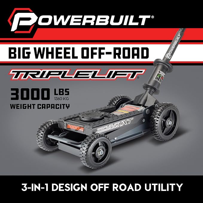 Powerbuilt Big Wheel Triple Lift Garage Jack, 3000 Pound Off Road Lift, Truck, Car, Motorcycle 1.5 Ton Capacity, 620613ECE