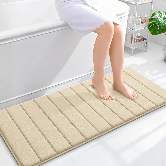 OLANLY Memory Foam Long Bathroom Rugs Runner 47x20, Super Soft Absorbent Bath Mat, Quick Dry, Machine Washable Shower Floor Rugs, Bathmat Carpet, Bathroom Home Decor Accessories, Beige