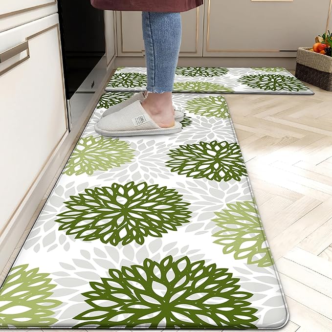 Kitchen Mats Set of 2 Cushioned Anti Fatigue Kitchen Rugs Non Slip Waterproof Kitchen Runner Memory Foam Kitchen Floor Mat Comfort Standing Mat for Sink,Office,Laundry, Green