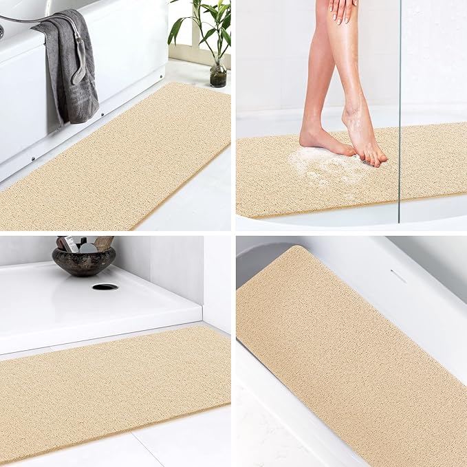 LuxStep Shower Mat Bathtub Mat,24x36 inch, Non-Slip Bath Mat with Drain, Quick Drying PVC Loofah Bathmat for Tub,Shower,Bathroom,Khaki