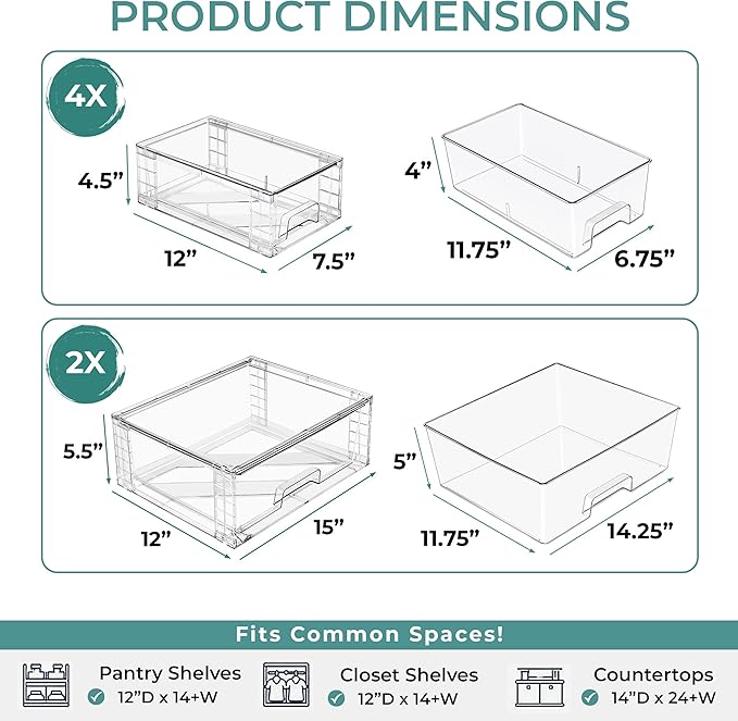 Sorbus Stackable Clear Storage Drawers, 6 Pack (2 Wide + 4 Small) Pull-Out Organizer Bins – Plastic Drawer Organizers for Bathroom, Vanity, Makeup, Under Sink & Countertop Organization