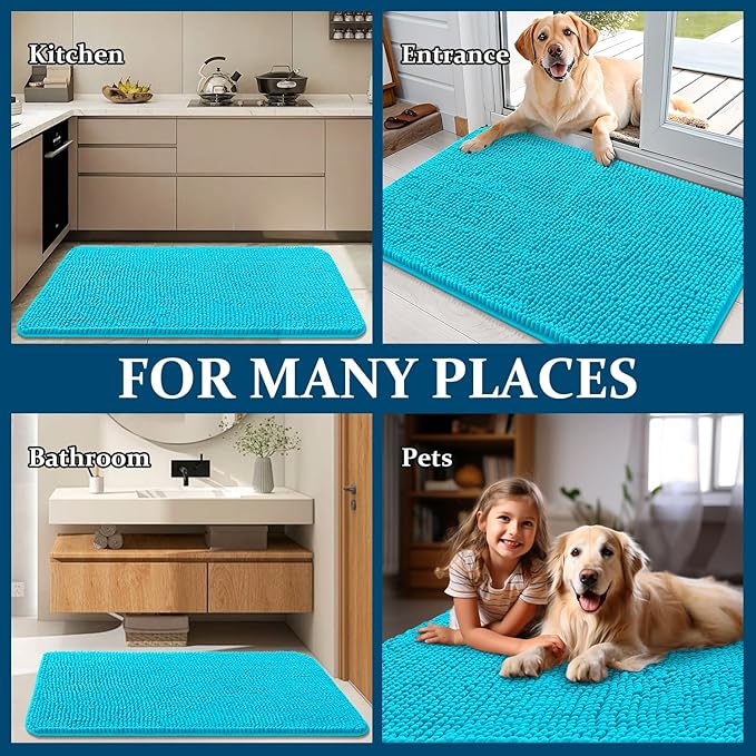 OLANLY Dog Door Mat for Muddy Paws 35x24, Absorbs Moisture and Dirt, Absorbent Non-Slip Washable Doormat, Quick Dry Chenille Mud Mat for Dogs, Entry Indoor Entryway Carpet for Inside Floor, Aqua Blue