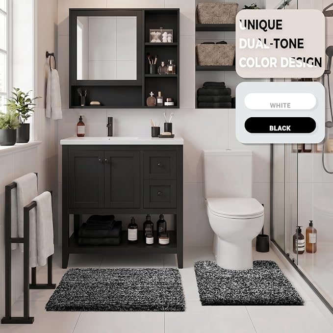 Yimobra Black and White Bathroom Rugs Non Slip Washable, Ultra Soft and Water Absorbent Bath Mats, Plush Fluffy Shower Mat Outside, Microfiber Thick Matts for Bathroom Floor/Sink, 24x17