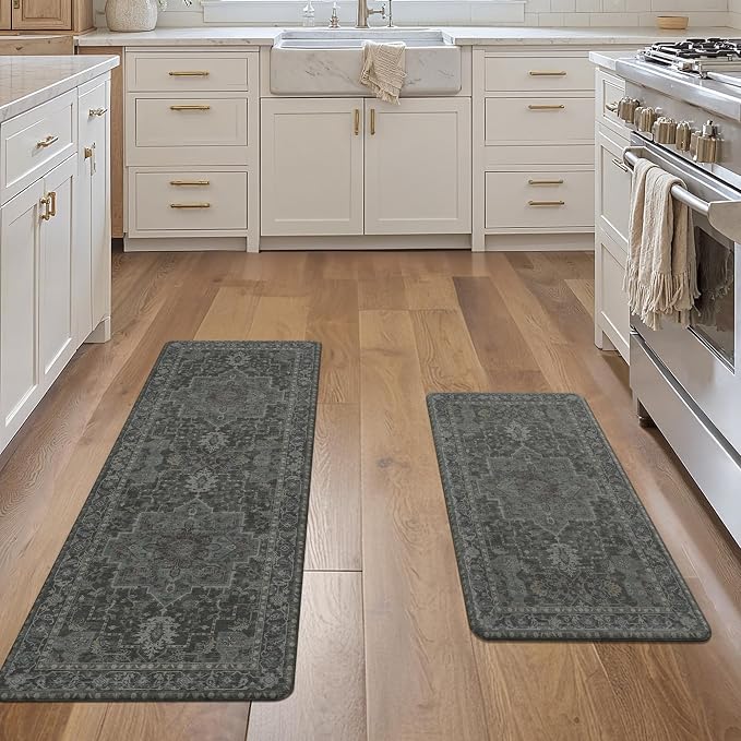 GENIMO Kitchen Mats for Floor 2PCs, Washable Anti Fatigue Mat for Cushioned, 17.3"x47"+17.3"x30", Waterproof Kitchen Rugs, Non Slip Comfort Standing Mat Rug for Home, Sink, Laundry, Dusky Green