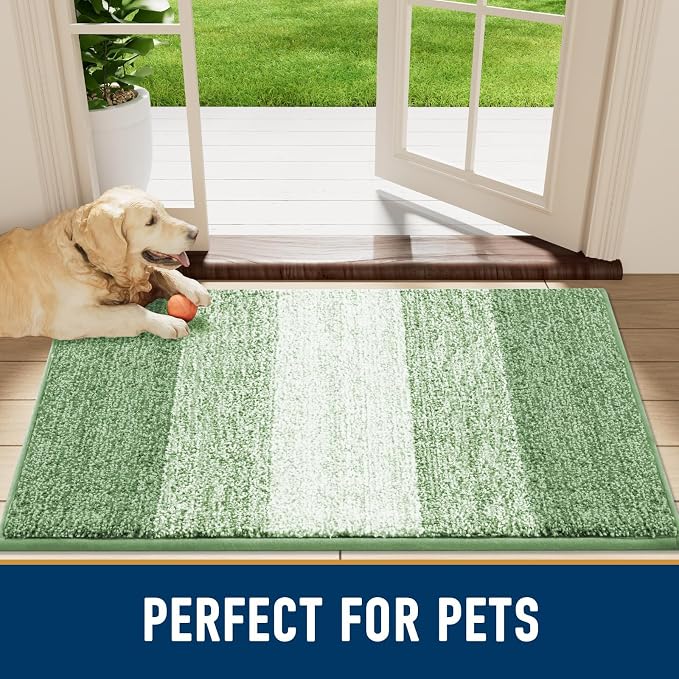 Smiry Dog Door Mat for Muddy Paws, Absorbs Moisture and Dirt, Low-Profile Entryway Mat with Non-Slip Backing, Entry Indoor Outdoor Doormat for Inside Floor (36x24 Inches, Sage Green, Striped)