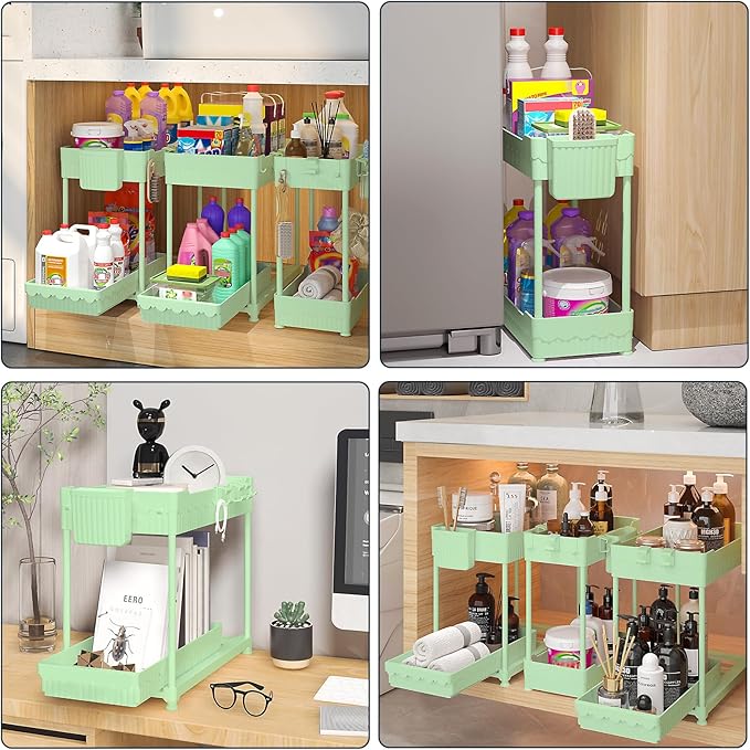 Sevenblue 3 Pack Under Sink Organizers,2-Tier Multi-Use Kitchen and Bathroom Organizers and Storage with Sliding Drawers,Bathroom Cabinet Organizer (Green, 12.8 Inch)