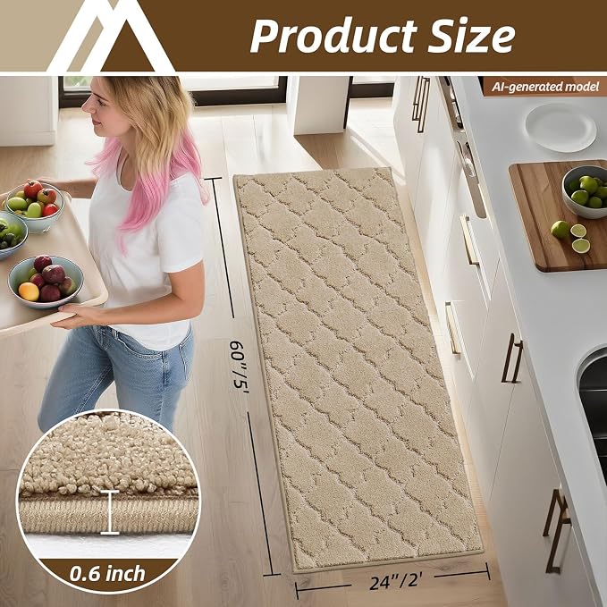 COSY HOMEER Kitchen Rugs 24"x60" Non-Slip Washable Kitchen Mats for Floor Absorbent Kitchen Carpet Soft Rugs for Kitchen,Sink Mat,Entrance,Area Rug,Warm Beige