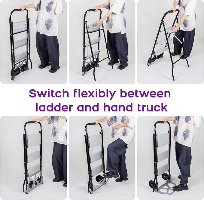 2-in-1 Hand Truck Step Ladder, Dolly Cart Step Stool, Multi-Functional Foldable Hand Trolley and Ladder for Warehouse Garage Office or Home Use (Black-Silver, 3 Step)