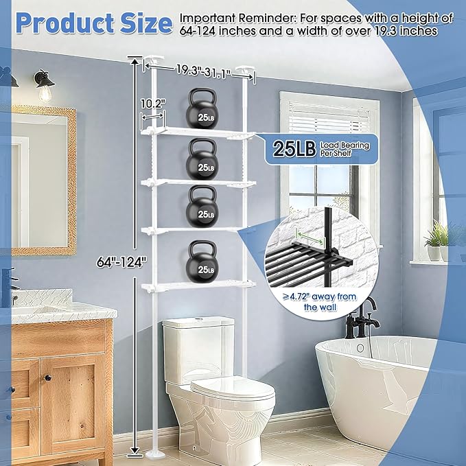 SUNALLY Over The Toilet Storage Shelf, 4-Tier Adjustable Over Toilet Bathroom Organizer,Tension-Mounted Bathroom Storage Rack for Ceilings, No Drill Space-Saving Shelving for Small Rooms,White