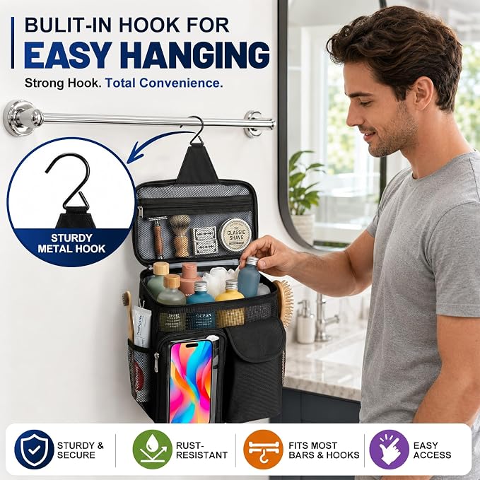 Dorm Room Essentials for Guys Girls, Mesh Shower Caddy Portable, Large Capacity Toiletry Shower Bag with Hanging Hook for Full-Sized Bottles, Multi-Pocket Organizer for College Gym Camping Travel