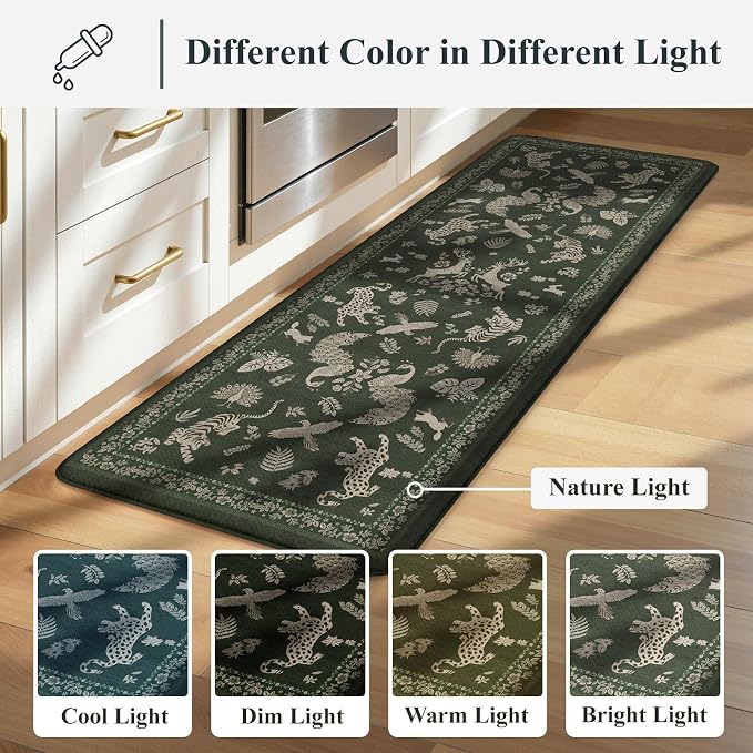 LEEVAN Anti Fatigue Mats for Kitchen Floor Non-Slip, Cushioned Kitchen Mats for Floor 2 Piece, Dark Green Memory Foam Kitchen Mat Set, Waterproof Ergonomic Standing Mat for Bar, Office,Desk, Laundry