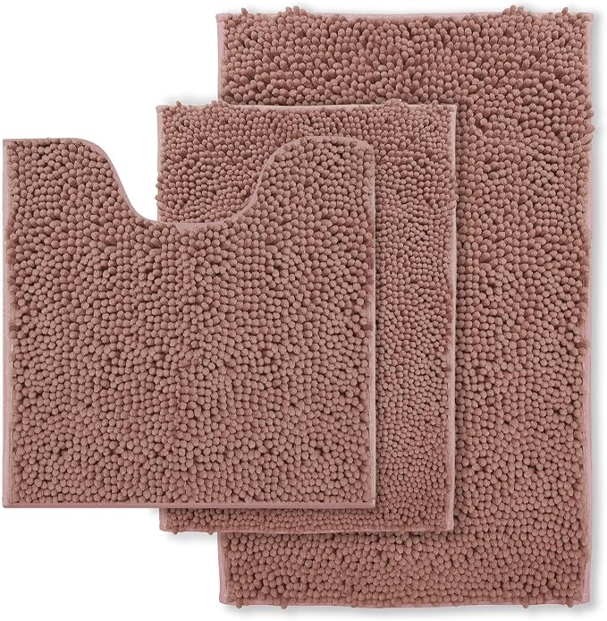 Chenille Bathroom Rugs Set 3 Piece Bath Mats for Bathoom Non-Slip Luxury Bathroom Rug Extra Soft and Absorbent Shaggy Rugs Washable Dry Plush Area Carpet