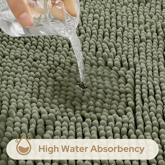 HOMEIDEAS 3 Pieces Bathroom Rugs, Ultra Soft Non Slip Absorbent Chenille Toilet Bath Mat Set (Sage Green)