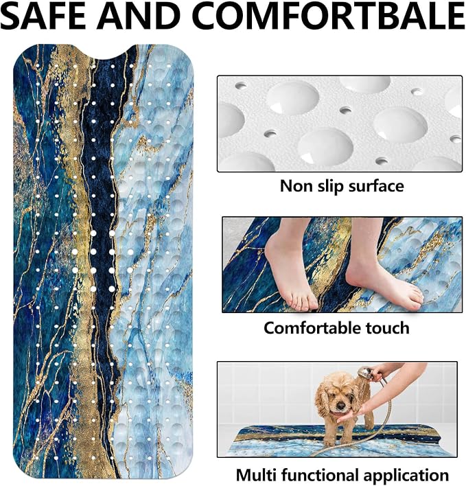 LNOND Marble Bath Tub Mat Non Slip, Extra Long 40 X 16 Inch Anti Slip Mat for Bathtub, Blue and Gold Marble Shower Mat with Drain Holes and Suction Cups, Machine Washable