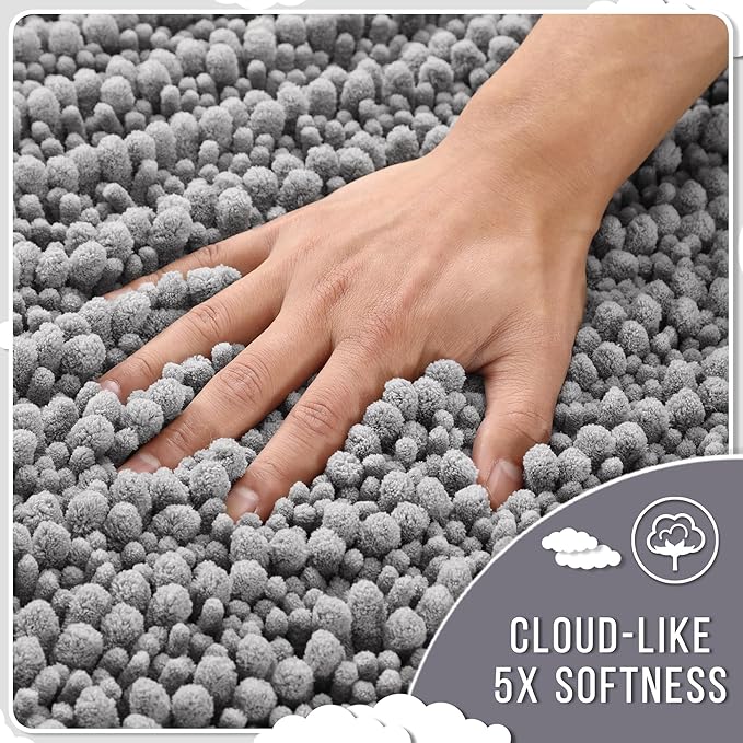 Yimobra Long Bathroom Rugs Non Slip Washable 44x24 Inch - Ultra Soft Absorbent Chenille Bath Mat, Quick Dry Shaggy Floor Carpet for Tub Shower, Gray Home Decor Accessories