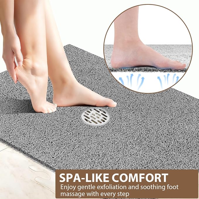 Large Non Slip Shower Mat: 32x24 inch Loofah Shower Mat for Inside Shower with Drain Hole in Middle, Soft PVC Anti-Slip Shower Stall Mats for Bathroom,Wet Area, Quick Drying