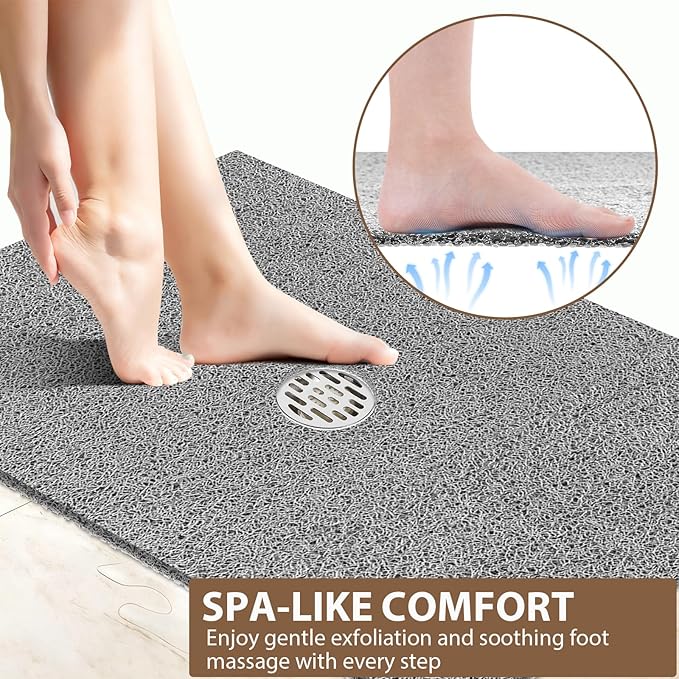 Extra Large Non Slip Shower Mat: 59x35.4 inch Loofah Shower Mat for Inside Shower with Drain Hole in Middle, Soft PVC Anti-Slip Shower Stall Mats for Bathroom,Wet Area, Quick Drying