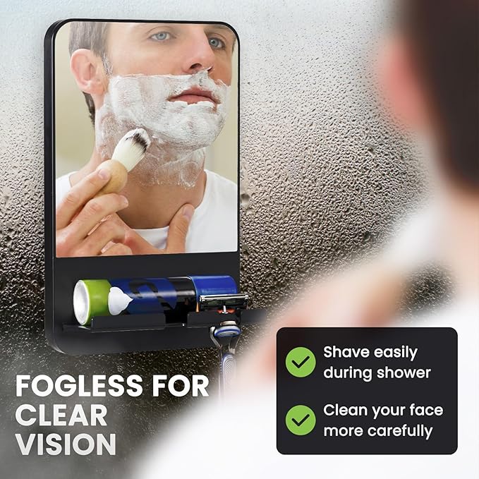 TAILI Fogless Shower Mirror, Anti-Fog with Razor Holder, Suction Shaving Mirror with Storage Tray, Rust-Proof, Shatterproof, Removable for Bathroom, Shower Accessories, Black