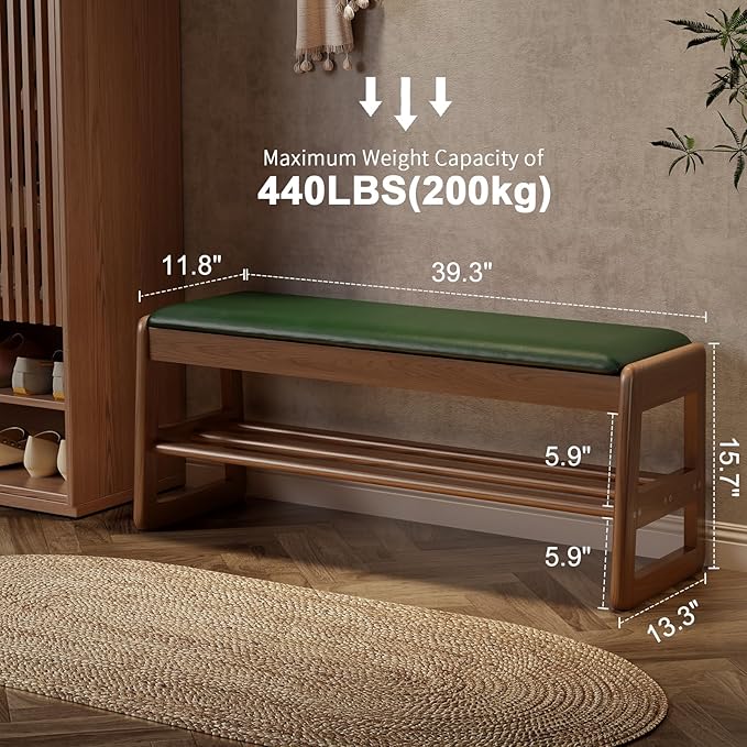 AQIMUELE Shoe Rack Bench,2 Tiers Shoe Bench with Storage with Flip-Top,Wood Shoe Rack for Entryway,Hallway（Green Upholstered Seat,11.8" D x 39.3" W x 15.7" H）