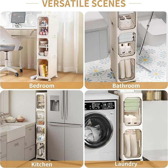 3-Tier Tall Narrow Storage Cabinet, Slim Bathroom Storage Cabinet with Adjustable Shelves and Wheels, Narrow Organizer for Small Space, Bathroom, Kitchen, Laundry, Cream White